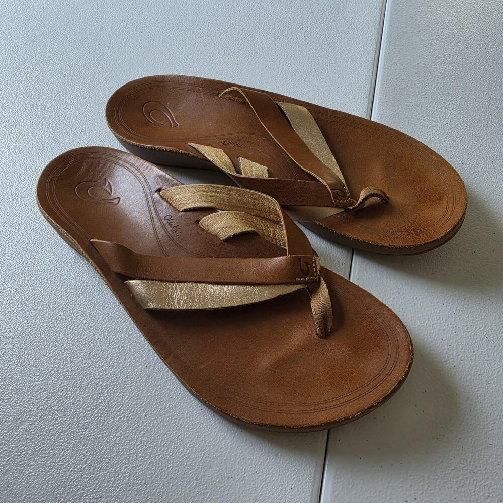 OluKai Kaekae Sandals Womens Size 8 Brown Leather Wedge Flip Flop Comfort Beach